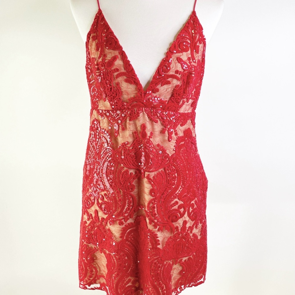 Free People Red Plunging V Neck Embroidered Mini Dress in Sz: 8